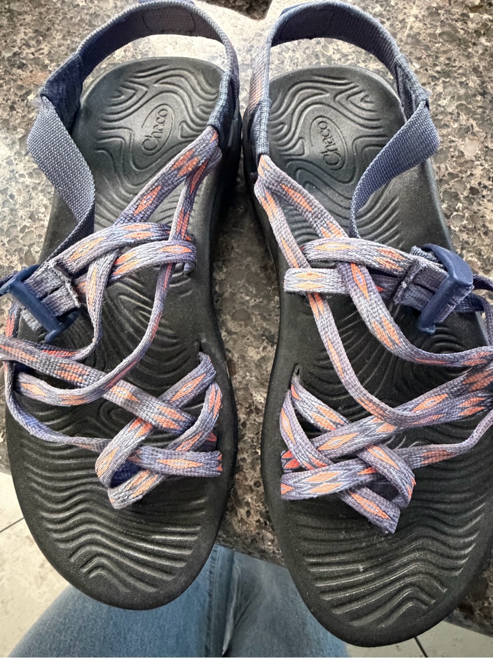 Chaco Women's Strappy Sandals in Black with Blue-Orange Webbing